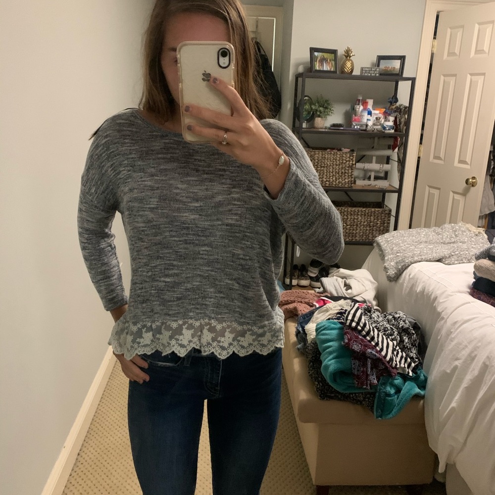 Blue/ white sweater with lace bottom